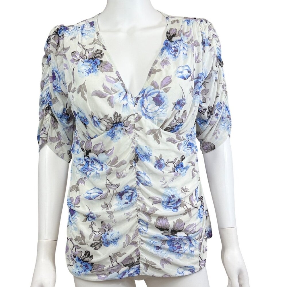 A Love Story Floral Print Ruched V-Neck Top Ivory/Blue XL Polyester Spandex